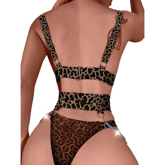 Women's Brown Leopard Sexy Chain Strappy Garter Belt Lingerie Set Rave Outfits - Picture 2 of 5